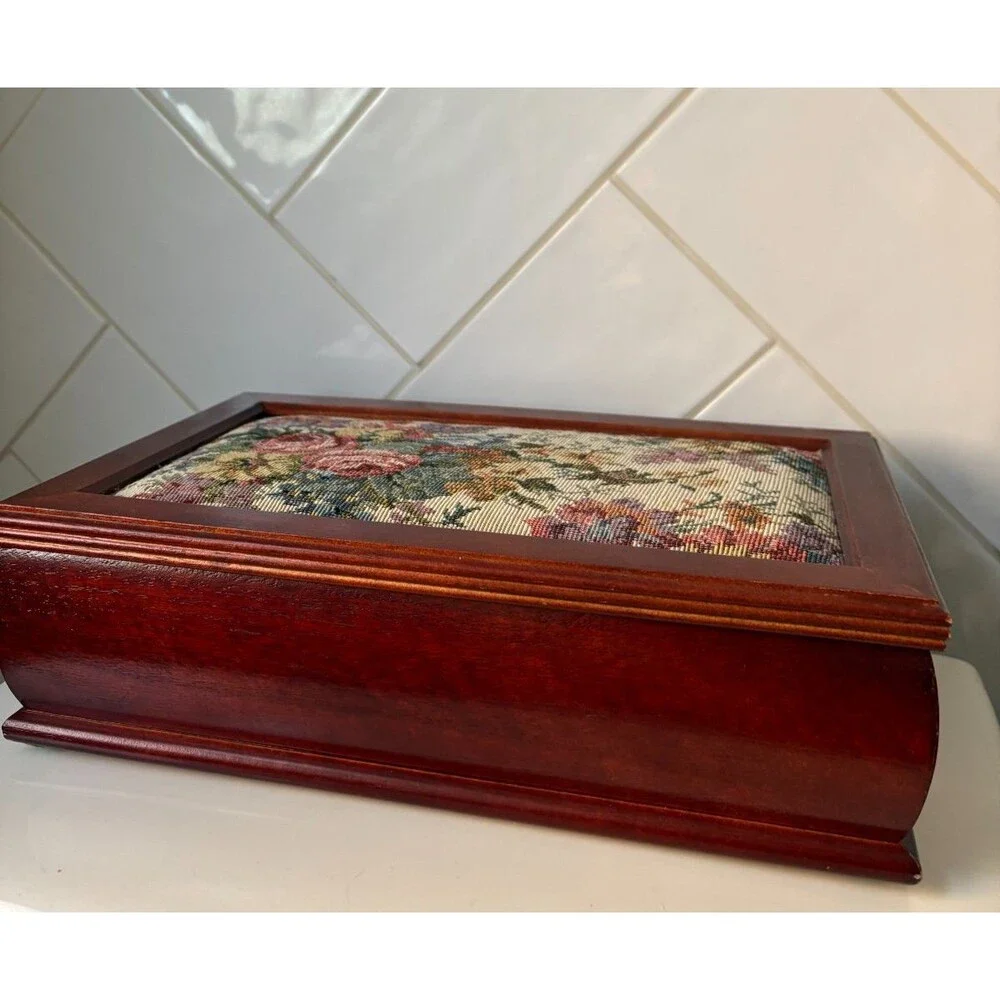 Vintage Wood Jewelry Box Tapestry Top Full Mirror Wooden Box Velvet interior
